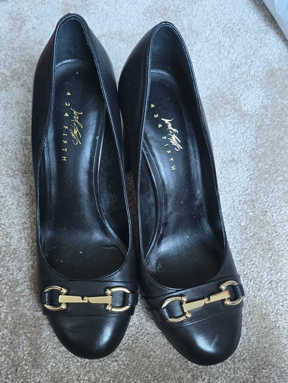 424 Fifth Lord & Taylor Black Leather Gold Bit Pumps Heels
